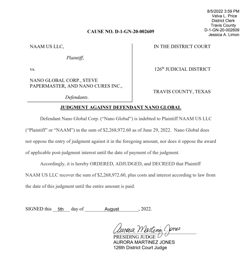 NAAM US LLC v Steve Papermaster, Nano Global Inc - judgment order